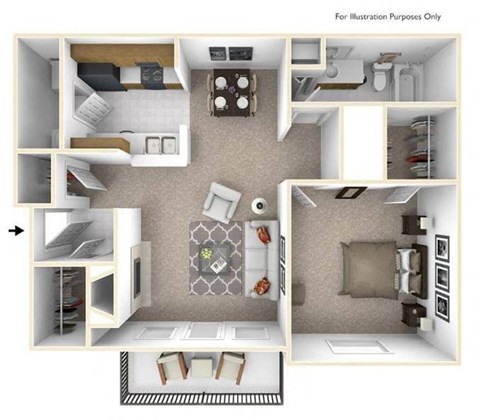 Floor plan for 1 bed, 1 bath, 737 sqft